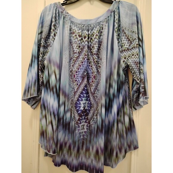 World Unity Top Blue Blouse SZ 1X Watercolor Rhinestone Artsy Boho Hippie Hi-Lo - Picture 2 of 8